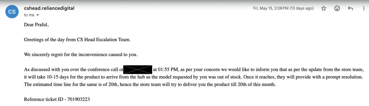 PrafulRana21's tweet photo. Dear @BadeBrian, Requesting you to kindly look into my case. I purchased a refrigerator from Reliance Digital Palampur, Himachal Pradesh on 15 Oct 2025, but even after 7+ months I still have not received the product. Requesting you to urgently resolve this issue. PFA screenshot. https://t.co/o5a72LmJ6M