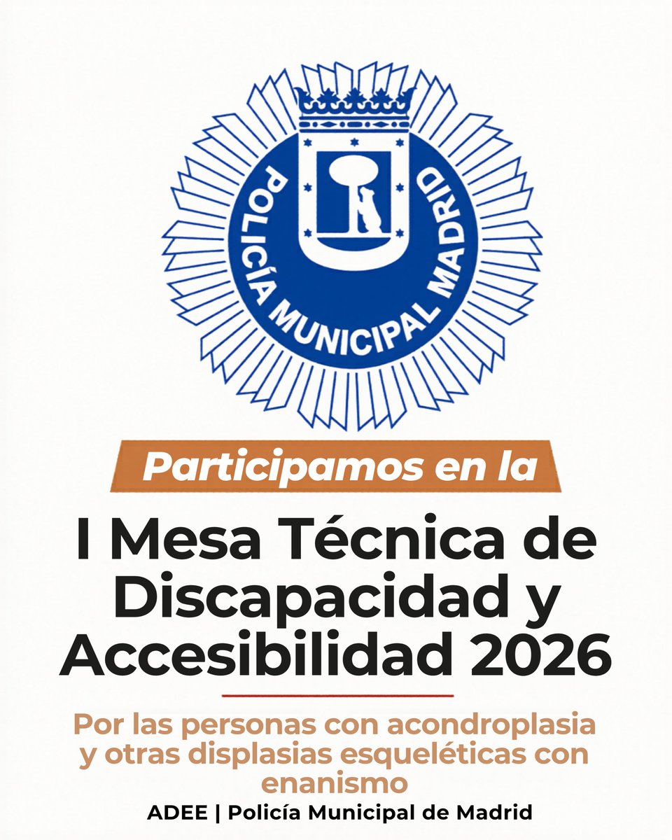 adee_esp's tweet photo. Participamos en la I Mesa Técnica de Discapacidad y Accesibilidad 2026 de @policiademadrid.

Seguimos trabajando para prevenir la discriminación y avanzar hacia una ciudad más accesible, segura e inclusiva para las personas con acondroplasia y otras displasias esqueléticas. https://t.co/Tve0ynlXC6