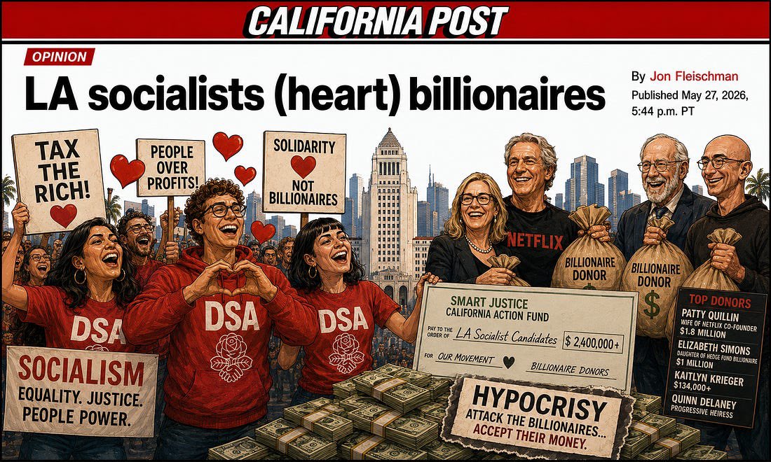 FlashReport's tweet photo. Los Angeles Socialists Love Their Billionaires

My latest @californiapost @capostopinion column looks at the billionaire money behind L.A.’s socialist politics — and the hypocrisy voters should not ignore.

Link in first comment below! https://t.co/jHU3AQNfWY