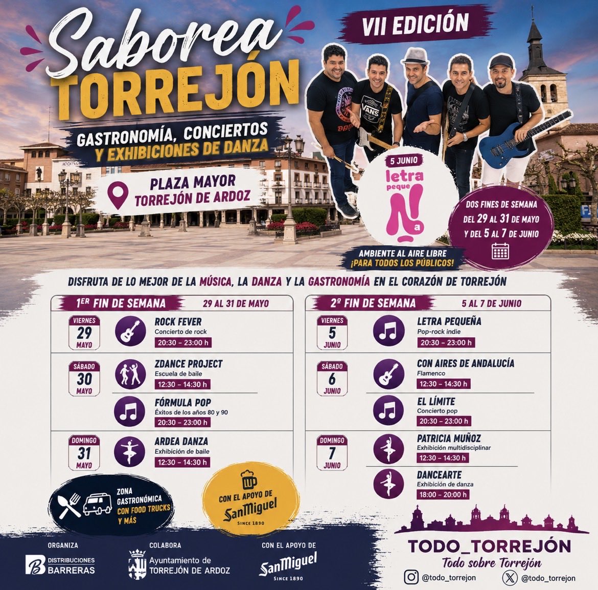 Todo_Torrejon's tweet photo. 🍔🎶 ¡Vuelve Saborea Torrejón!

La Plaza Mayor acogerá dos fines de semana de gastronomía, música en directo y exhibiciones de danza:

📅 29–31 mayo
📅 5–7 junio

🎸 Rock Fever
🎤 Fórmula Pop
🎵 Letra Pequeña
💃 Danza, flamenco y mucho más

📍 Plaza Mayor
👏 Planazo al aire libre https://t.co/ORQVaaMv24
