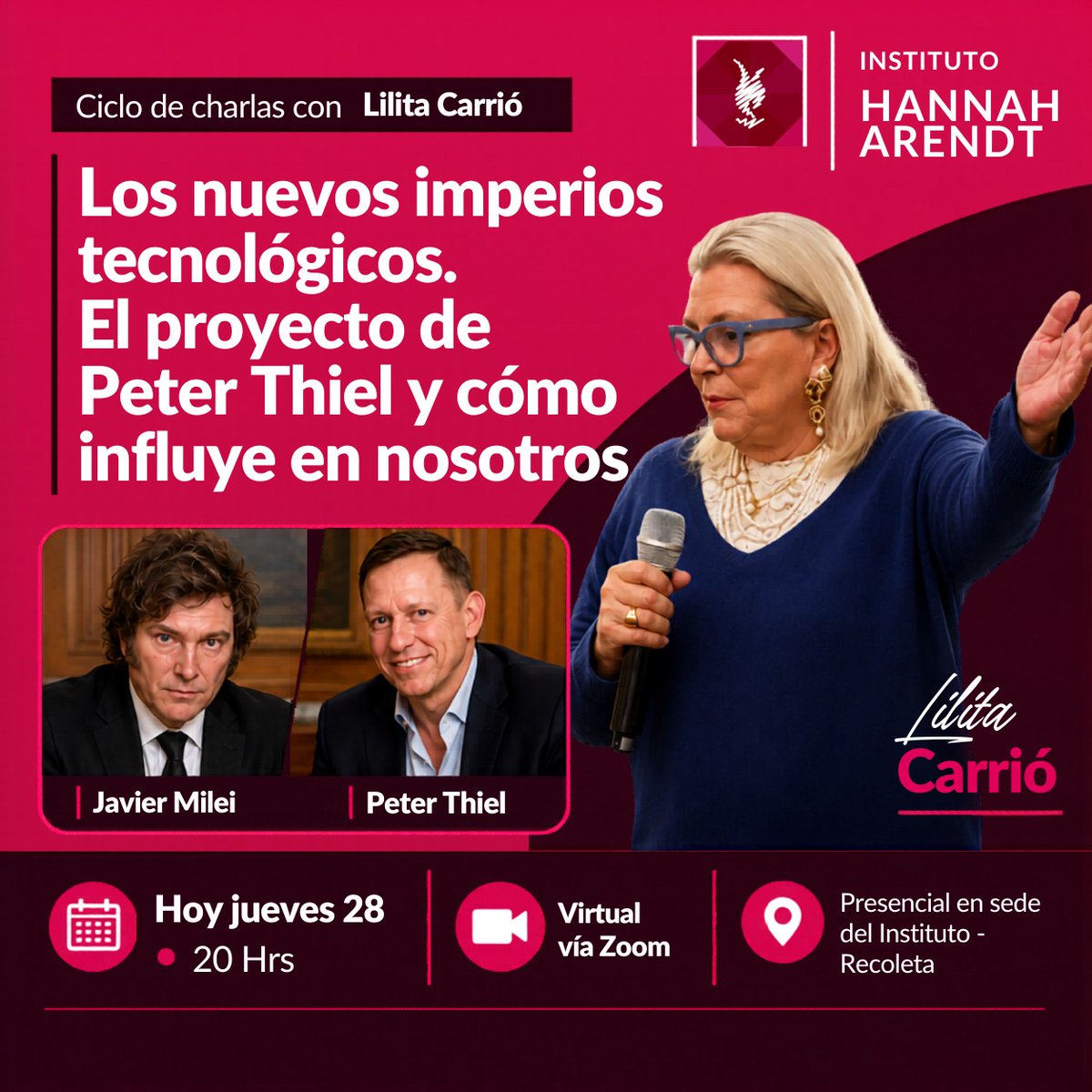elisacarrio's tweet photo. Hoy jueves a las 20 hs vamos a dar la segunda parte del curso "El experimento autoritario en Argentina. Los orígenes del totalitarismo, los nuevos imperios tecnológicos, el modelo de Peter Thiel y cómo nos afecta a nosotros".    
Pueden inscribirse a través de @institutoarendt 
Un beso, 😘