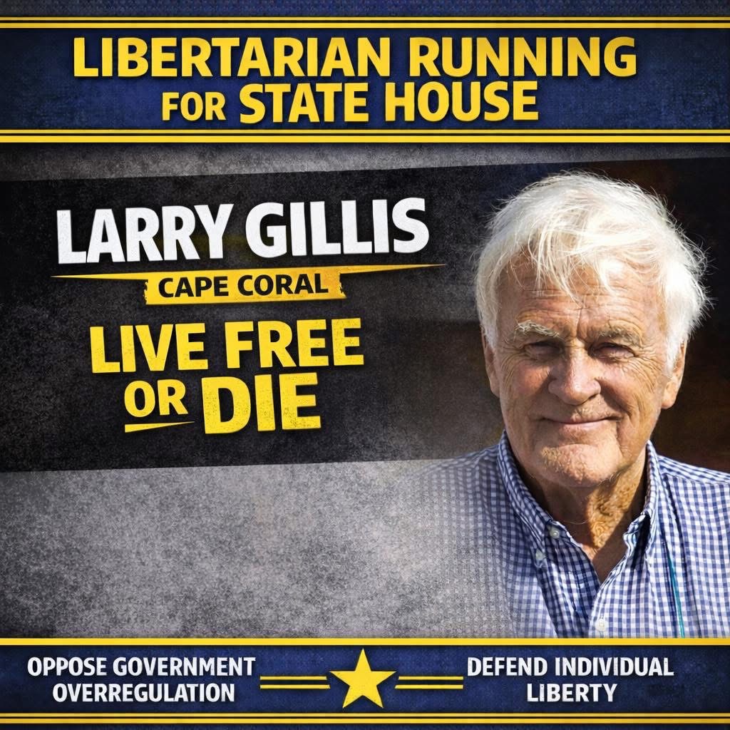 LP_Florida's tweet photo. A new Libertarian candidate has entered the race in Florida.

Larry Gillis of Cape Coral is running for State Representative. Gillis is a Harvard graduate, former prosecutor, and legal studies professor who has spent decades working in criminal law and public policy.

His campaign will focus on stopping the constant expansion of government regulations and restoring individual liberty.

“We are suffering the death of a thousand cuts from government intrusion. For the sake of our children, this has got to stop.” @LaurenceJGillis 

More Libertarians are stepping up across Florida.

Freedom is on the ballot.