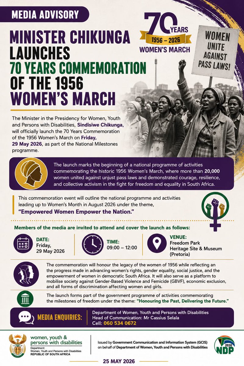 GovernmentZA's tweet photo. 📍HAPPENING TOMORROW | Honouring the brave. Advancing the fight.

Minister in the Presidency for Woman, Youth, and Persons with Disability, Ms Sindisiwe Chikunga launches the 70th anniversary commemoration of the 1956 Women's March under the theme, "Empowered Women Empower the Nation" , where over 20,000 women marched against unjust pass laws and changed

📅 29 May 2026 | 09h00 – 12h00
📍 Freedom Park, Pretoria

🔗 Advisory https://t.co/hcw7TZwST2 

#1956WomensMarch #70YearsOfCourage #WomenEmpowerment #ENDGBVF #StopGBVF #GovZAUpdates