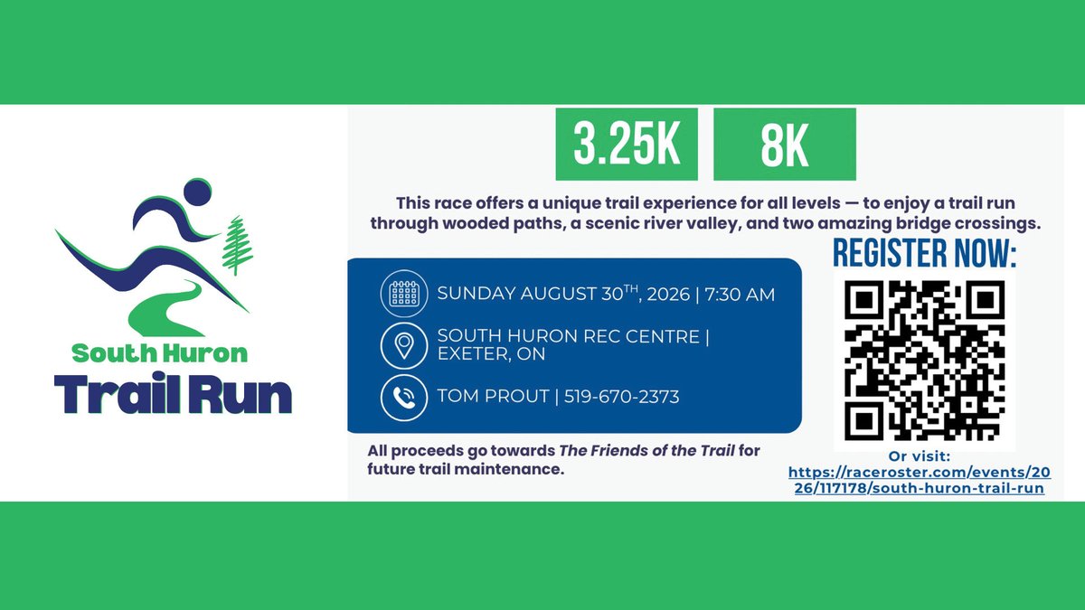 AusableBayfield's tweet photo. The South Huron Trail Run is coming back in 2026 after an absence of a few years!  The trail run takes place on Sunday, August 30, 2026. There is an eight-kilometre run and a 3.25-km run. To register for the trail run, visit https://t.co/zBTdBpaq3S (https://t.co/QYMLIbnNVu). https://t.co/yapgRqmJHG