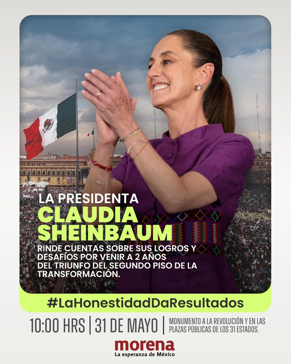 PartidoMorenaMx's tweet photo. Hoy consolidamos un México justo, incluyente y con bienestar para todas y todos. 

Acompáñanos a las plazas públicas de todo el país y sé parte de este Segundo Informe.

#LaHonestidadDaResultados https://t.co/T6Pix2gsB0