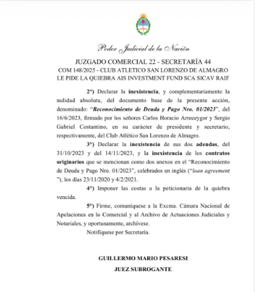okdobleamarilla's tweet photo. 🚨#ALERTA | La Justicia desestimó el pedido de quiebra del fondo suizo a #SanLorenzo 

📌El fallo firmado por el juez subrogante Guillermo Mario Pesaresi del Juzgado Comercial N°22 calificó el pedido de quiebra como un posible abuso del derecho

📌Además, sostuvo en sus argumentos que el club no está en cesación de pagos y remarcó que posee patrimonio, bienes y activos suficientes para afrontar obligaciones

📌También declaró la inexistencia y complementariamente la nulidad de documentos que sustentaban la solicitud