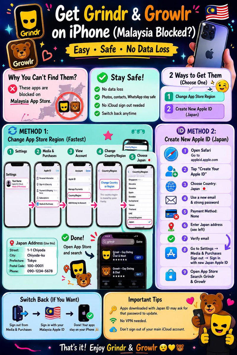 malaychubbygay's tweet photo. Cara nak download Grindr &amp; Growlr kalau guna iPhone di Malaysia?

Tak perlu VPN, tak perlu reset iPhone, dan tak hilang data 

Dalam post ni saya tunjuk step by step macam mana nak:

⚠️ Hanya untuk pengguna berumur 18 tahun ke atas.

Rt post if this helps you. 

#grindr #growlr https://t.co/KY3vaiV0j8