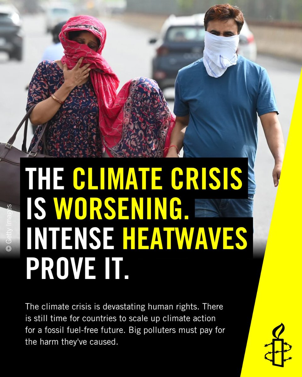 amnesty's tweet photo. Recurrent and intense heatwaves remind us that the climate crisis is accelerating. Inequality lies at the centre of this global crisis, driven by the burning of fossil fuels. People least responsible face the worst impacts.

A fossil-free future is within reach, but governments must act now and fund solutions.

Finance for climate action is not charity. It is a legal obligation owed to all of us, especially people whose lives and rights are more severely impacted by climate change.