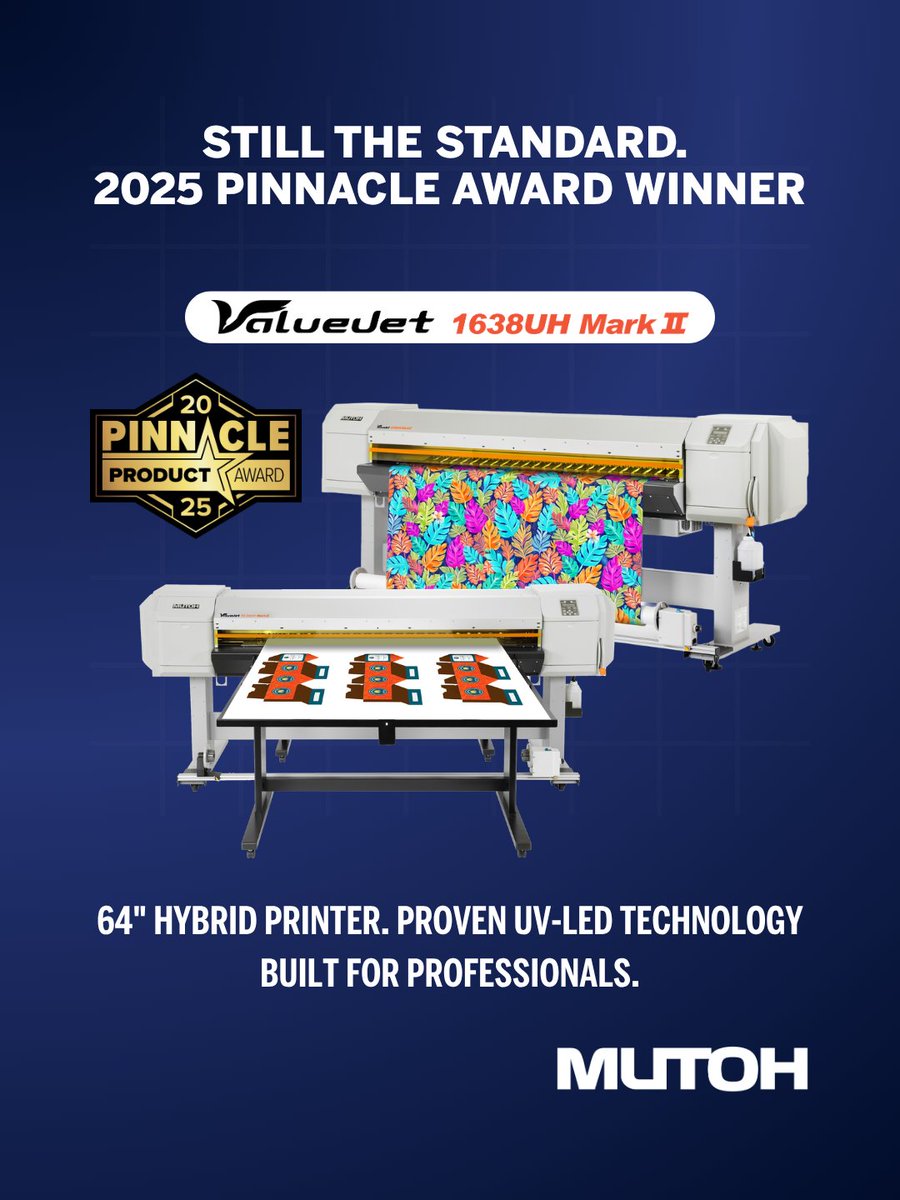 MutohAmerica's tweet photo. Award-winning technology that still sets the bar. 🏆
Last year, the MUTOH ValueJet 1638UH Mark II earned a Pinnacle Award, standing out with its UV-LED hybrid design, supporting rigid and roll printing, vibrant color output, and reliable performance for high-production environments.

📱Tap here to learn more and request your demo: https://t.co/tkWQziDwCs

#MUTOH #HybridpPrinter #PinnacleAward #UVPrinting #PrintBusiness