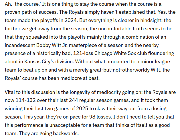 LaMar_Matt's tweet photo. I wrote about the lack of changes this season, and I think a really important but overlooked factor here is that the Royals have been bad basically ever since they stopped getting to play the 121-loss 2024 White Sox team. This isn't just about the last three weeks. https://t.co/CLtGjRDMft