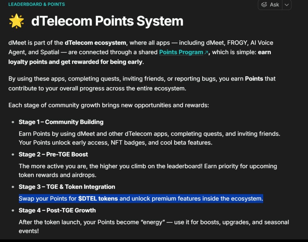 akashvarma2344's tweet photo. dTelecomβs Points System is turning community activity into real ecosystem value
Use apps, complete quests, invite friends, and earn points that may later connect with $DTEL rewards
Early users could benefit the most
#dTelecom #DTEL #Web3ββ
@dtelecom
@dMeetApp
@Frogy_LIVE https://t.co/onfmKst8KB