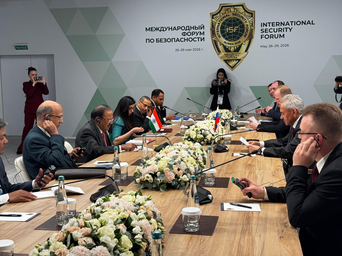 IndEmbMoscow's tweet photo. NSA Shri Aji Doval met his counterpart Mr. Sergei Shoigu, Secretary of the Security Council of the Russian Federation on the sidelines of the first International Security Forum. They reviewed ongoing cooperation in defence, security, energy and economic ties.  The two sides also exchanged views on the upcoming BRICS NSA meeting in New Delhi.

@PMOIndia @MEAIndia @PIB_India @ANI @DDIndialive @airnewsalerts