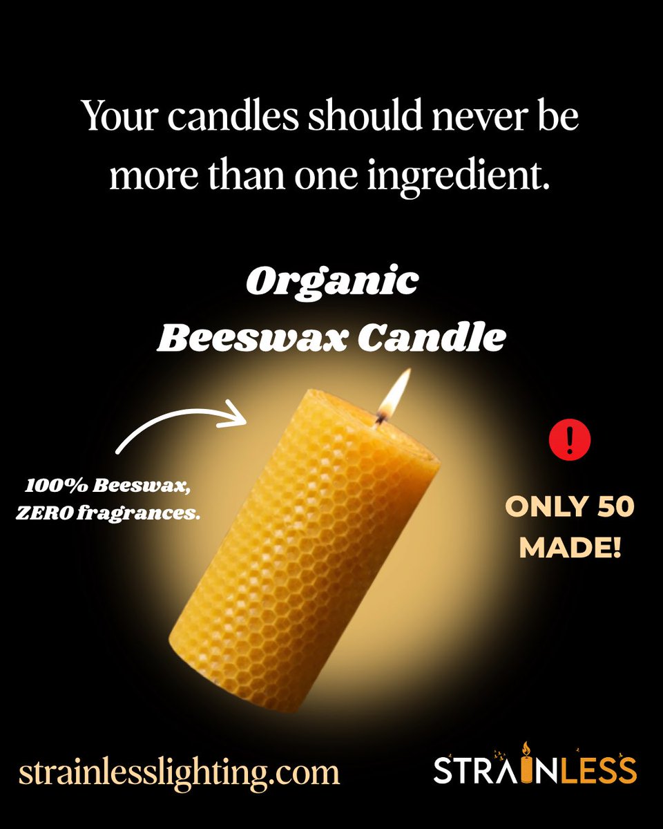 strainlesslight's tweet photo. Strainless Organic Candles out NOW!

100% Beeswax, 100% Cotton Wick.

That’s it. https://t.co/QZwvaBksz4