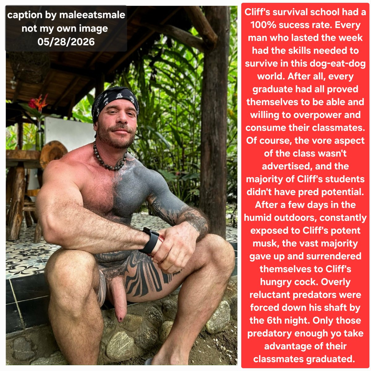 maleeatsmale's tweet photo. Cliff's (Pred) Survival School 
#malevore #gayvore #malepred #maleprey #cockvore #jockvore #vorecaption #predpheremones #predeatspred #predmusk https://t.co/suabaAx4bA