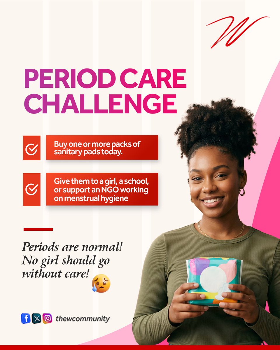 TheWCommunity's tweet photo. This World Menstrual Hygiene Day, we are challenging you to buy a pack (or more) of sanitary pads and donate to a girl in need, a school, or an NGO supporting women and girls.

Tag your friends to join the challenge or share this to encourage someone else to participate. https://t.co/oqugAPMEaB