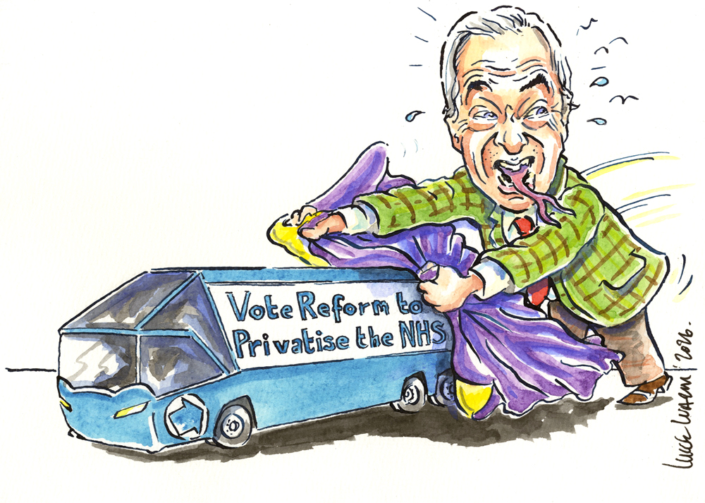 Caricaturist's tweet photo. #fake #Farage @reformparty_uk #ReformUK #campaignbus #PrivatiseNHS https://t.co/oxNVaIa24w