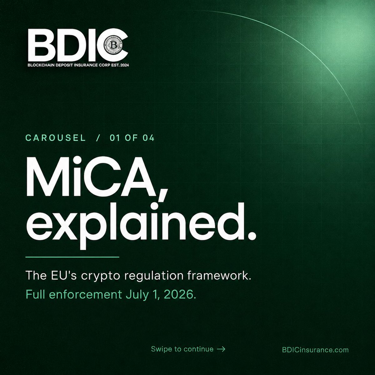 bdicinsurance's tweet photo. MiCA changes the EU crypto landscape on July 1.

Exchanges segregate customer assets. Stablecoin issuers hold 1:1 reserves. Unlicensed providers exit.

What it does not cover: the residual risk that even compliant operators carry. Exchange hacks. Stablecoin de-pegs. Smart contract exploits.

BDIC operates above the regulatory floor. Swiss operations. Built for the post-MiCA EU.

Visit https://t.co/DSLBehOGe9 to learn more.

A secure wallet is a secure mind.

#crypto #cryptoinsurance #bdicinsurance #MiCA #EU