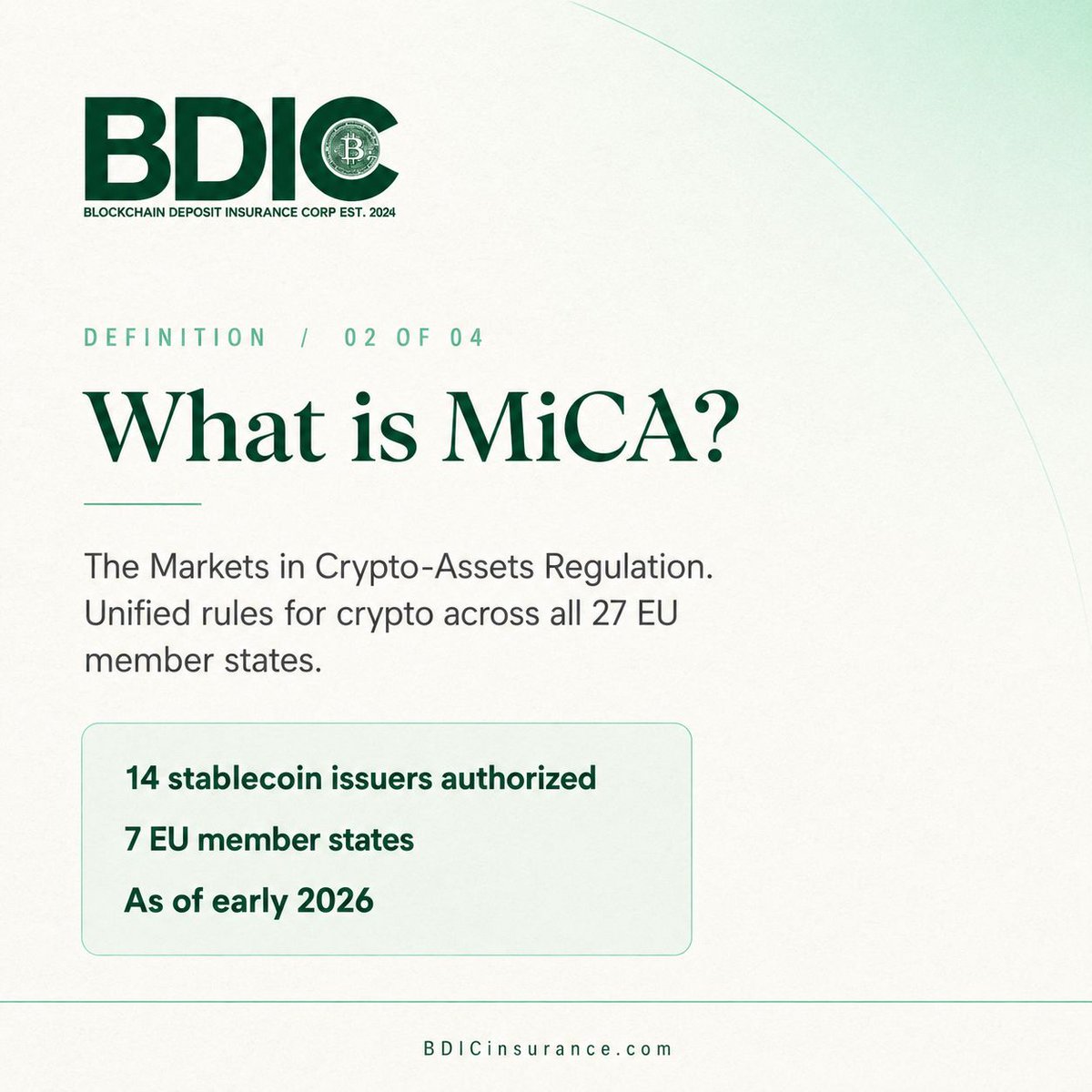 bdicinsurance's tweet photo. MiCA changes the EU crypto landscape on July 1.

Exchanges segregate customer assets. Stablecoin issuers hold 1:1 reserves. Unlicensed providers exit.

What it does not cover: the residual risk that even compliant operators carry. Exchange hacks. Stablecoin de-pegs. Smart contract exploits.

BDIC operates above the regulatory floor. Swiss operations. Built for the post-MiCA EU.

Visit https://t.co/DSLBehOGe9 to learn more.

A secure wallet is a secure mind.

#crypto #cryptoinsurance #bdicinsurance #MiCA #EU