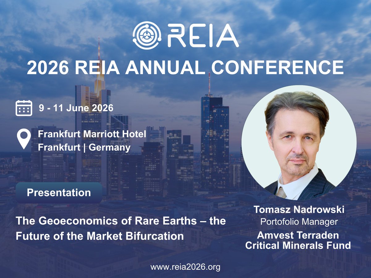 REIA_global's tweet photo. We're thrilled to have Tomasz Nadrowski Portofolio Manager at Amvest Terraden Critical Minerals Fund and author of “Mineral War: China’s Quest for Weapons of Mineral Destruction” speaking at #REIA2026!

Register here: https://t.co/QEqwiZj17p https://t.co/MPnvjBQIiC
