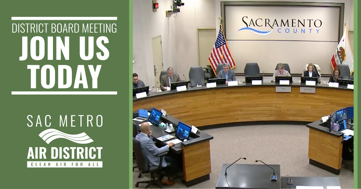 AQMD's tweet photo. Join us today for the District’s Board Meeting at 9 a.m. — either in person at the Sacramento County Board of Supervisors Chambers, 700 H Street, or online at https://t.co/1oP1Oqizhi. https://t.co/ELusbL1VQb