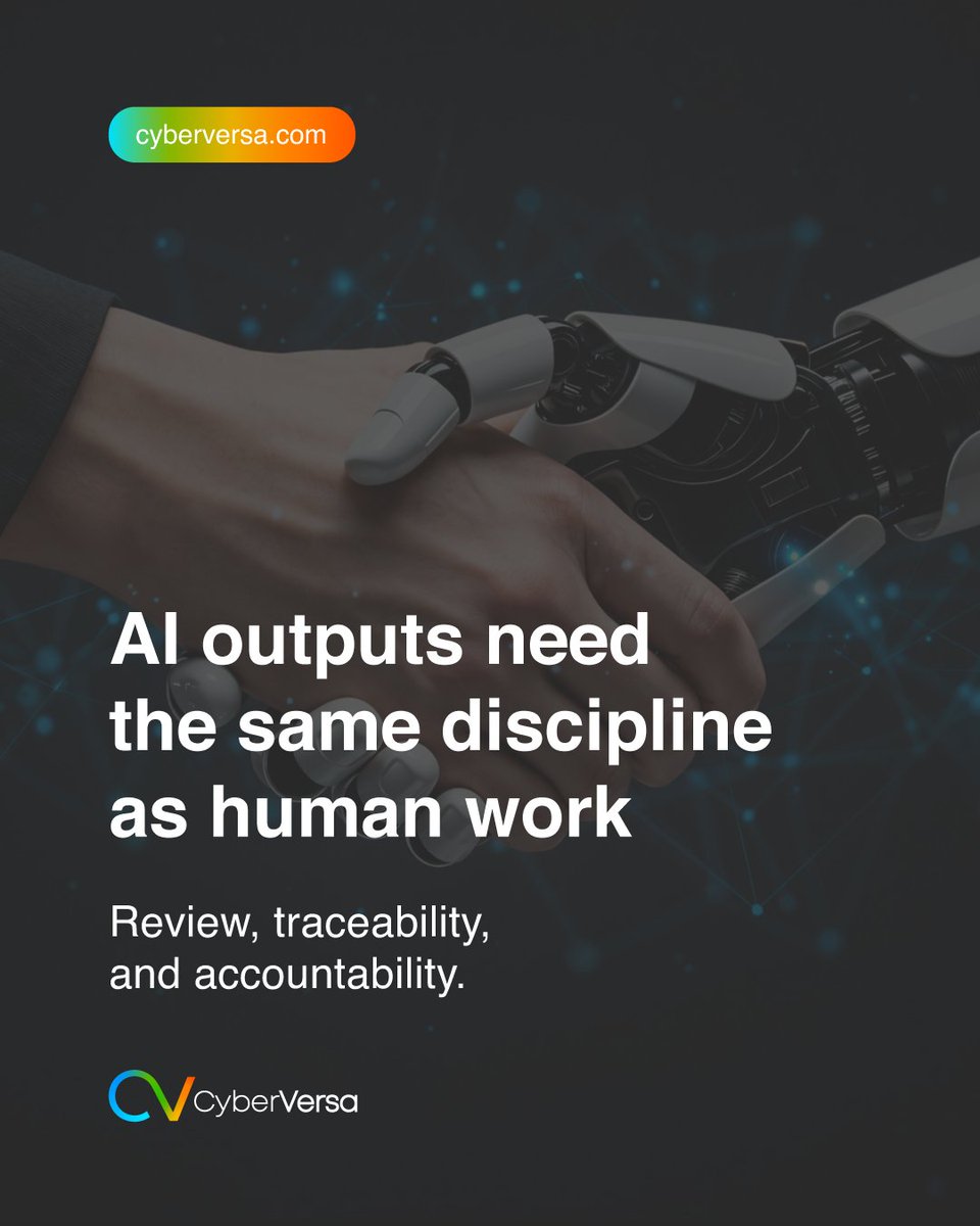 CyberVersa's tweet photo. If an AI assistant drafts a message, summary, or decision note, it can still be wrong. 📝 The risk is when output becomes “accepted” without review. Set review rules for high-impact use cases and keep traceability for how outputs were produced. #AI #RiskManagement #CyberVersa https://t.co/LZACpbaz2J