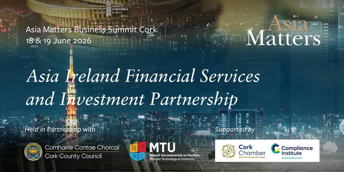 Corkcoco's tweet photo. 🤝Cork County Council is delighted to partner with the upcoming Asia Matters Business Summit Cork 19 June. Under the theme of Asia Ireland Financial Services and Investment Partnership, this significant Cork Summit will promote the unique strengths of Ireland's Financial Services Sector in which Cork plays a key role.

📣You are invited to join for networking and knowledge sharing on business opportunities with key speakers including:

🗣️Jerry Buttimer T.D. Minister of State at the Department of Rural and Community Development and the Gaeltacht
🗣️H.E. Dr. Desra Percaya, Ambassador of Indonesia
🗣️Professor Maggie Cusack, President, Munster Technological University
🗣️Hideo Yura, Director General, Japan External Trade Organisation, London
🗣️Fiona Coyne, Assistant Secretary, Department of Enterprise, Tourism and Employment
🗣️Rifki Ega Syahputra, Director of Bank Mandiri (Europe) Limited
🗣️Anna-Marie Turley, Head of Fintech, Financial Services and Cybersecurity, Enterprise Ireland
🗣️Patrick Doyle, South West Regional Manager, IDA Ireland
 
The Summit will take place from 08.30 on 19 June in the Council Room, Munster Technological University.

Register and View programme at: https://t.co/5KcYkLHw9N 

@asiamatters_biz @MTU_IE @Corkchamber