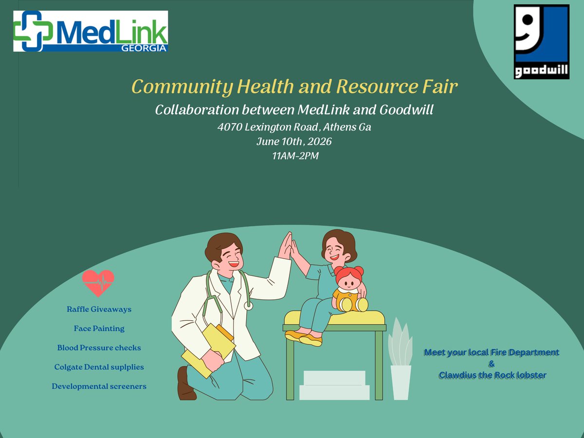 medlinkga's tweet photo. 🌟 Join us June 10, 11 AM-2 PM at 4070 Lexington Rd, Athens for fun, free health screenings, face painting, raffles! 💚 #MedLinkGeorgia #CommunityHealthFair #GoodwillCollaboration https://t.co/Xl59CtzigE