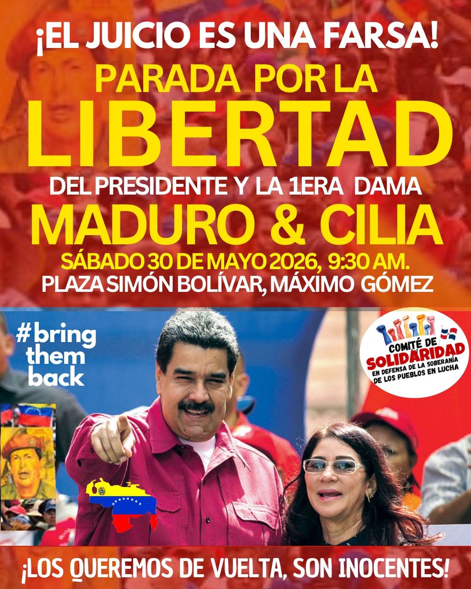 AgendaSolidarid's tweet photo. Este sábado 30 de mayo a las 9:30 am, desde la acera de la Gómez de la Plaza Simón Bolívar, alcemos la voz en reclamo de la libertad de los secuestrados por EEUU, el Pdte.  de Venezuela, @NicolasMaduro  y la diputada, @ConCiliaFlores, sometidos ante la injusta justicia  de EEUU. https://t.co/LLJnNopNTJ