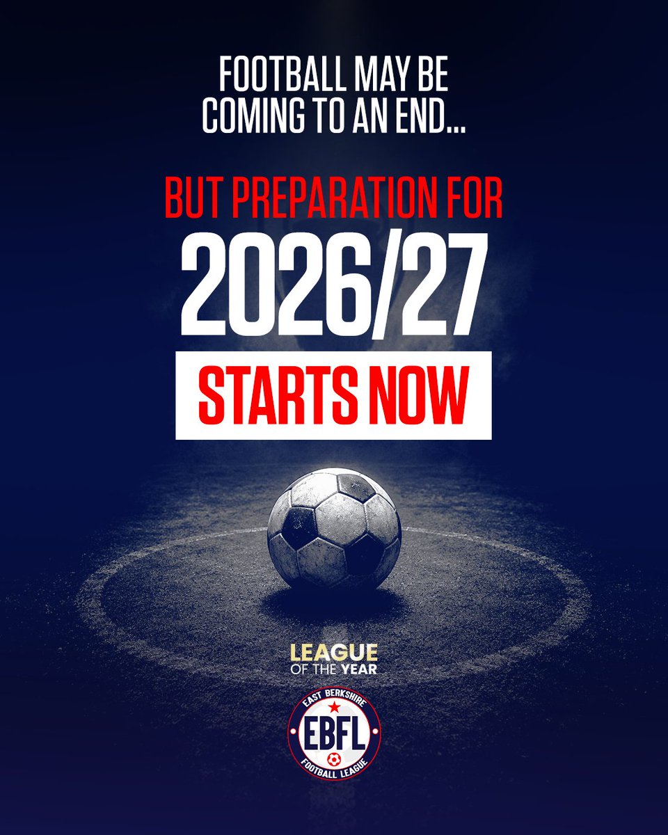 EastBerkshireFL's tweet photo. ⚽ One season is ending. Another begins before you know it.

Preparation for 2026/27 starts now 👊

Interested in joining the EBFL? Get in touch today.

#EBFL #GrassrootsFootball #NonLeagueFootball #FootballCommunity #LeagueOfTheYear https://t.co/j77GrXQKdL