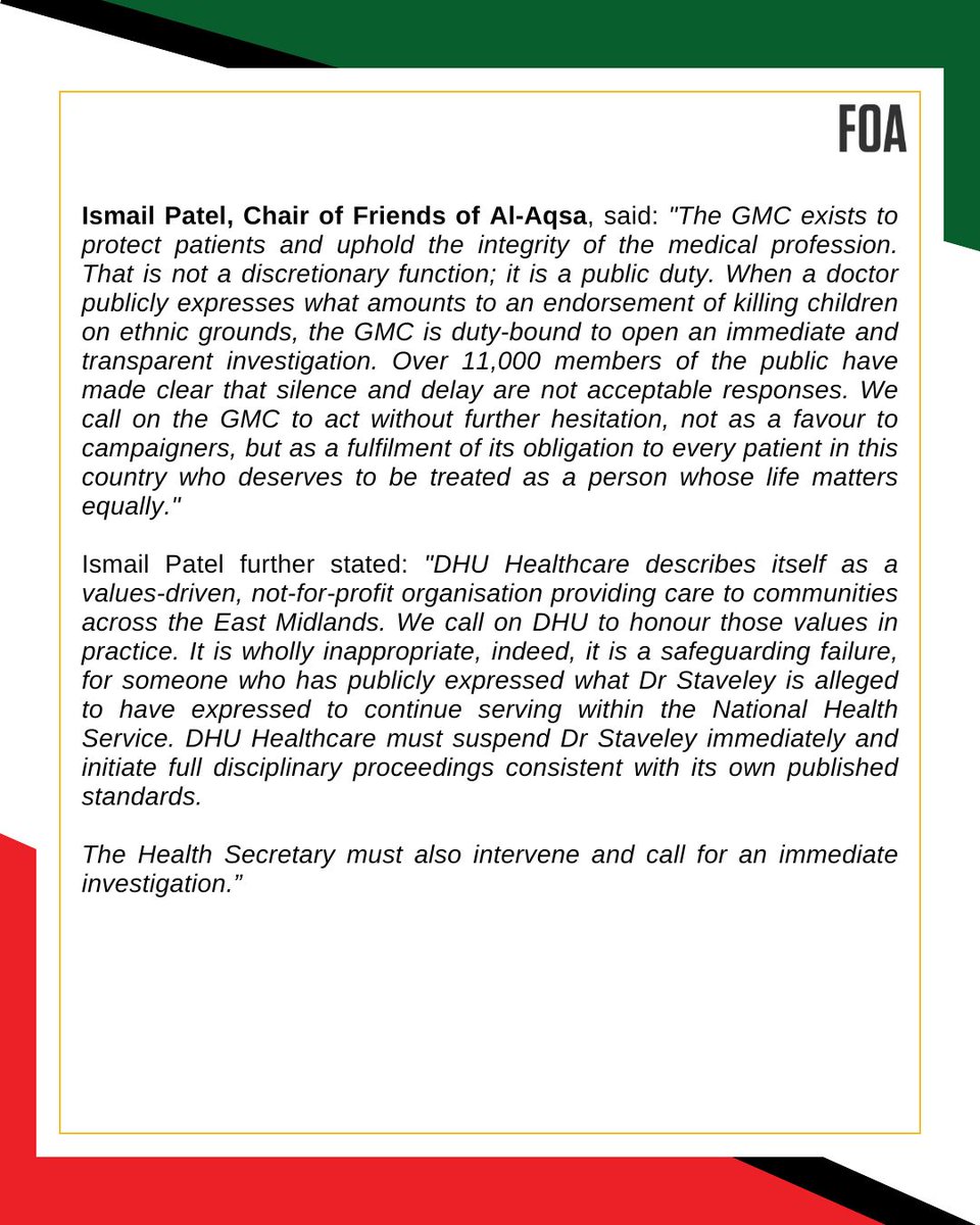 FriendsofAlAqsa's tweet photo. Over 11,000 Demand Action:

GP Who Expressed Endorsement for Killing of Palestinian Infants Continues to Practice Medicine

Friends of Al-Aqsa calls on the GMC and DHU Healthcare to act without further delay as public pressure mounts.

Continue to sign the petition here:
https://t.co/xDi6w4tDTH
