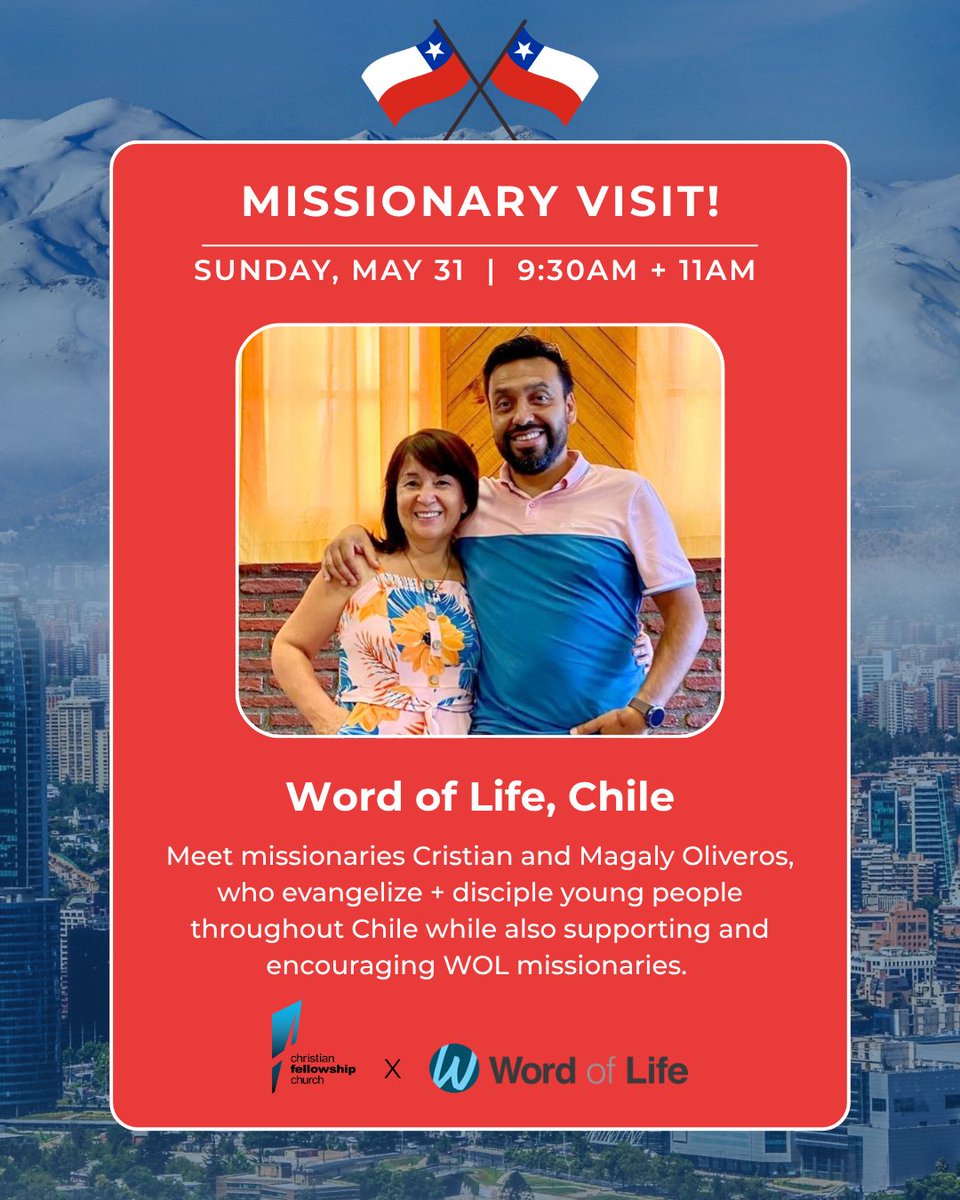 cfcwired's tweet photo. This Sunday (5/31), you can meet CFC-supported Word of Life missionaries, Cristian &amp; Magaly Oliveros (Chile) at their lobby table! Stop by to learn about their vital work evangelizing &amp; discipling youth across Chile + supporting WOL missionaries. https://t.co/raNloAgOwE #cfcwired https://t.co/BgFoLVeRwI