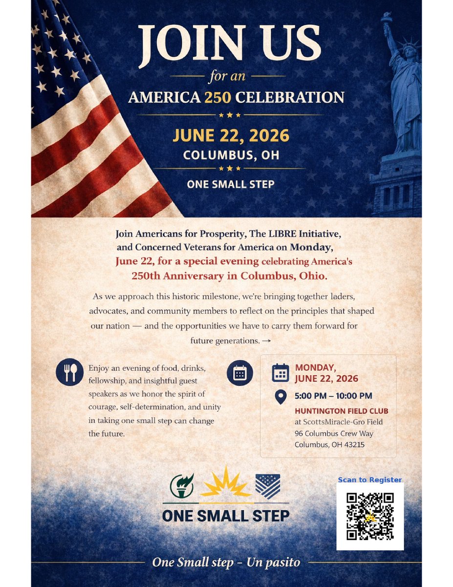 LibreOhio's tweet photo. Join us &amp; Register for our 250th Celebration on Monday, June 22nd at the New Columbus Crew Stadium - Huntington Club/Miracle Gro Field. from 5pm-10pm to celebrate our country's Anniversary and our "Un Pasito. https://t.co/U8bKpOZHcV