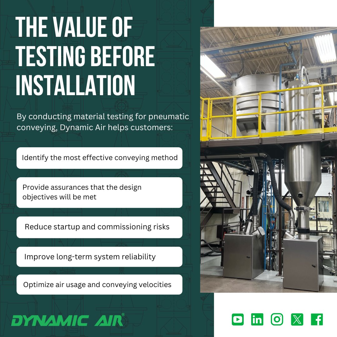 DynamicAirUSA's tweet photo. Our test facility is built to replicate actual conveying conditions across a range of materials &amp; system configurations. This allows customers to know how their bulk material will perform in a pneumatic conveying system under conditions that mirror their production environment. https://t.co/qnE9dEE7fP