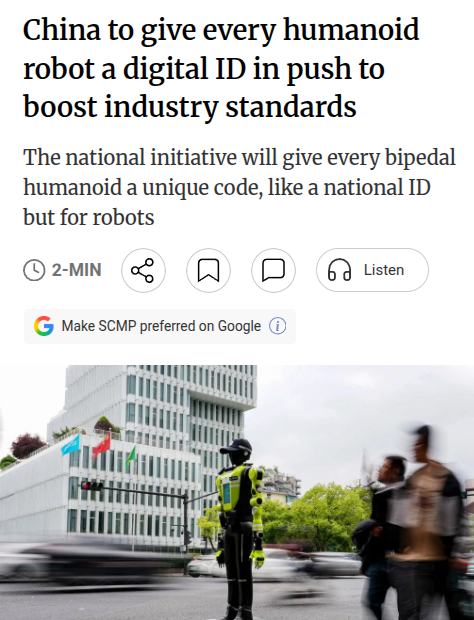rohanpaul_ai's tweet photo. China has started giving every humanoid robots 29-character ID codes, with 28,000+ assigned so far.

The system works like a robot passport: each unit gets a code that records its country link, maker, model type, and individual serial identity.

The goal is not only paperwork, because humanoids are moving from demos into public roads, factories, homes, and service jobs where failures need clear responsibility.

A robot that falls, damages property, leaks data, or gets modified after sale becomes easier to trace when regulators can link the machine to its maker, seller, user, service history, and recycler.

---

scmp .com/tech/policy/article/3354747/china-give-every-humanoid-robot-digital-id-push-boost-industry-standards