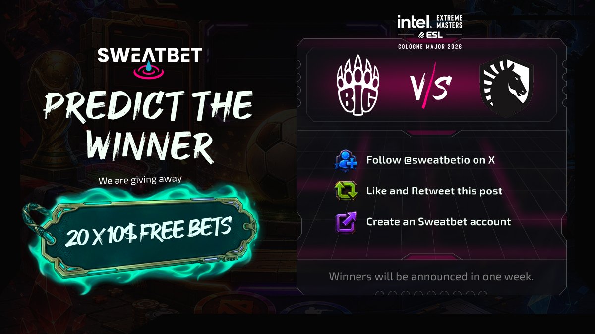 sweatbetio's tweet photo. To celebrate the launch of our new Sportsbook page, we’re giving away 20x $10 free bets 🎉

Use these funds on Sweatbet and kick off your betting journey with us! 💪
You have to predict the upcoming BIG 🆚 Liquid match in IEM Cologne! 🇩🇪

🔽 Here’s how to enter:
• Follow @sweatbetio
• Like & repost this post
• Guess the winning team in the comments (+tag a friend for extra entries!)
• Create an account on Sweatbet through this link: https://t.co/tPOON6fonU

The 20 winners will be announced in one week, and we'll be picking from the correct guessers. Good luck and have fun! 🍀