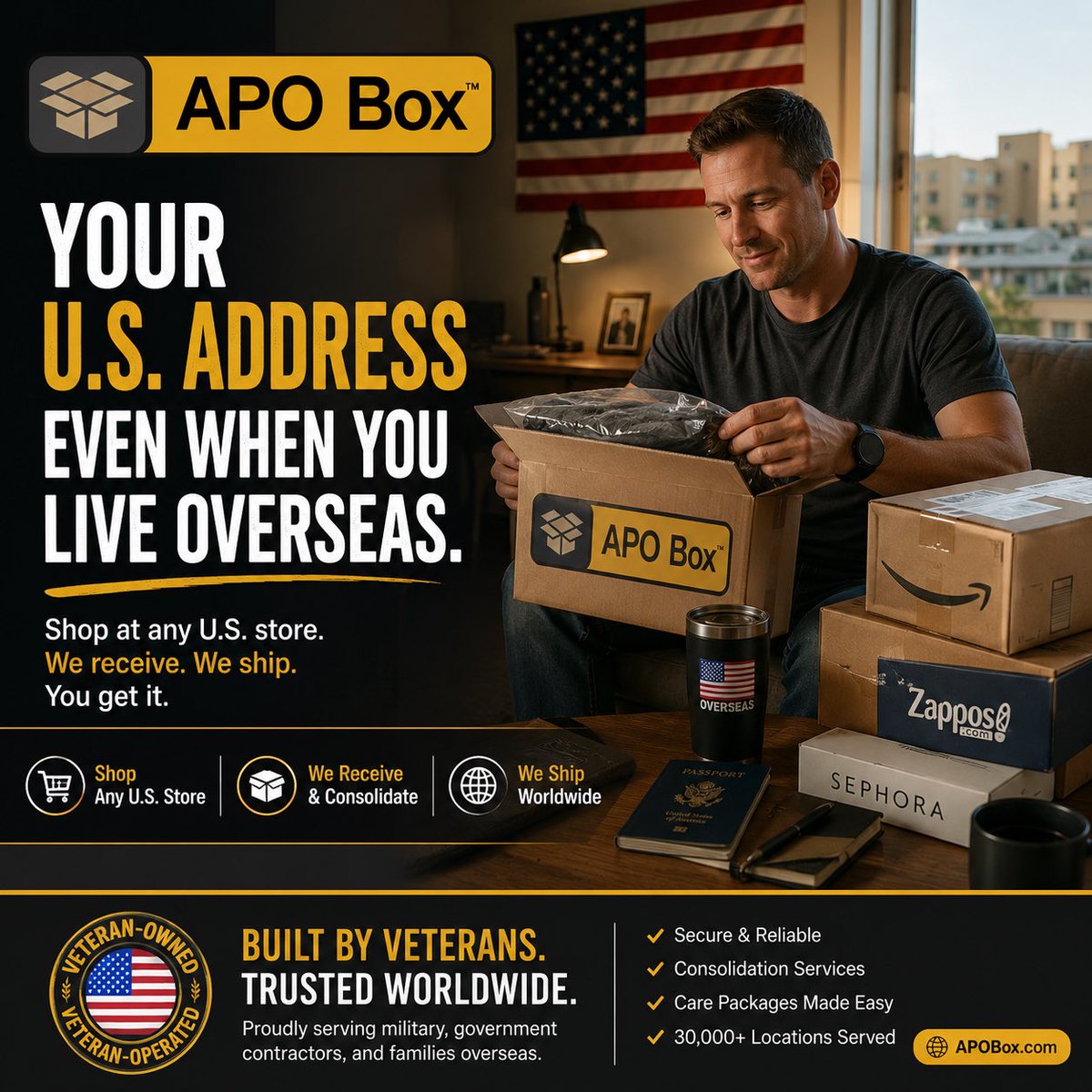 APOBoxX's tweet photo. Living overseas shouldn’t limit where you shop.

With APO Box™, you get a real U.S. address that allows you to shop from your favorite American stores while living or working overseas.

📦 We receive your packages
📦 Consolidate shipments
📦 Ship directly to APO/FPO/DPO addresses and international locations worldwide

Trusted by military members, embassy staff, contractors, and families overseas since 2006.

🇺🇸 Veteran-Owned. Veteran-Operated.
🌎 SHOP ANYWHERE. SHIP EVERYWHERE.

Visit https://t.co/PzNRVOaRfh to get started.