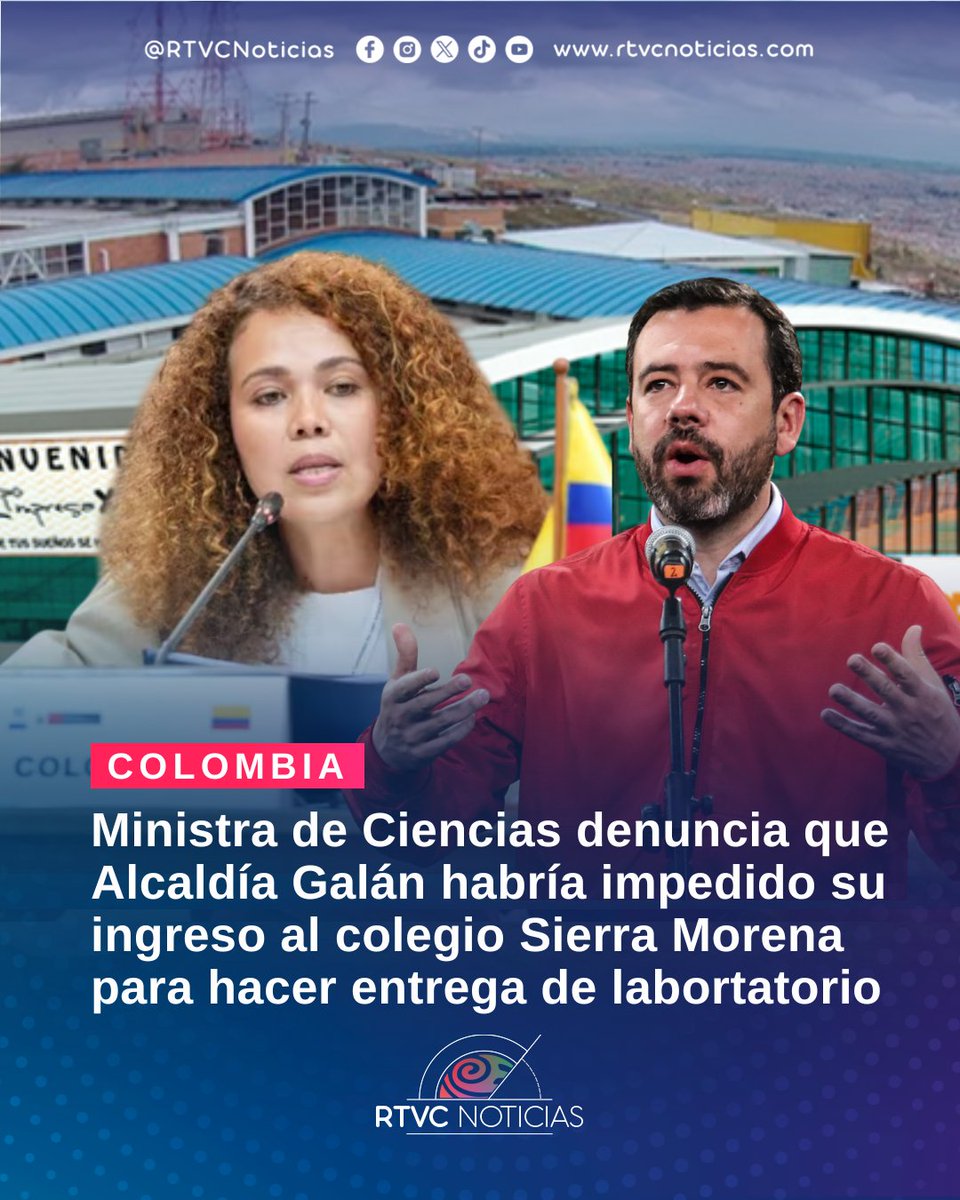 RTVCnoticias's tweet photo. #Colombia 🚨 l  RTVC Noticias acompañó a la ministra de @MincienciasCo, quien llegó hasta el colegio Sierra Morena en Bogotá para atender la situación, pero, según denunciaron, tampoco le habrían permitido el ingreso al plantel. Los estudiantes exigen respuestas y piden que el laboratorio sea entregado para fortalecer sus procesos de formación tecnológica y científica.

👉🗞️ Más detalles en:  https://t.co/iUlLuneTXJ