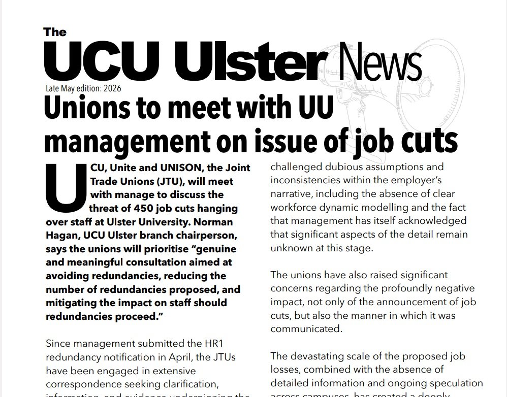 UCU_Ulster's tweet photo. @UCU_Ulster members, our latest news letter has just been pinged to your inboxes alongside notification/ a link of our upcoming branch meeting on 5th June ✊❤️ https://t.co/AVxxx13hsN