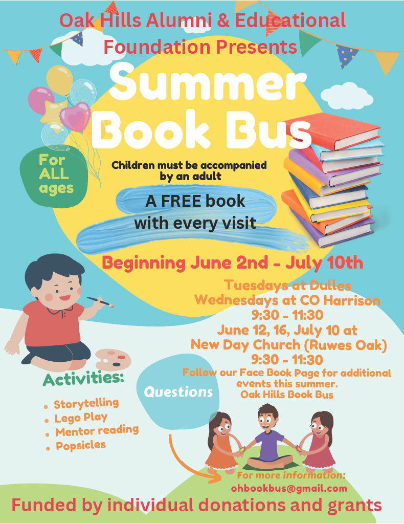 OHLSD's tweet photo. Come visit the @_ohaef  this summer at one of several locations throughout the OHLSD.  We will be at J.F. Dulles Elementary on Tuesdays from 9:30-11:30 a.m. and at C.O. Harrison Elementary from 9:30-11:30 a.m. on Wednesdays plus several other locations beginning on June 2. https://t.co/Hdv3KoCzJn