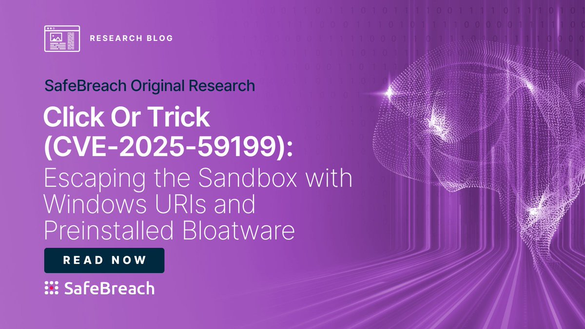 safebreach's tweet photo. New Research: Click Or Trick (CVE-2025-59199): How do you escape the Windows 11 sandbox? SafeBreach Labs uncovered that all it takes is a single user click and chaining 4 unrelated subsystems: COM, App Identity, URI quirks, and DevTools WebSockets. 🔗https://t.co/vU8r4LRg50 https://t.co/OLwp09aePq