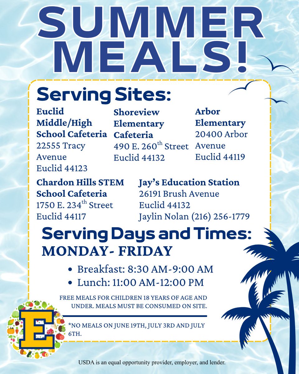 eucschoolmeals's tweet photo. We’ve got free, delicious meals for kids and teens 18 and under this summer! Remember, to keep the good times rolling, all meals must be consumed onsite. We can’t wait to see you! 🍔🎉
@euclidschools #OneEuclid #EuclidOH #EuclidOhio #Euclid #OHschools #Cuyahogacounty https://t.co/QNBzE8wluh