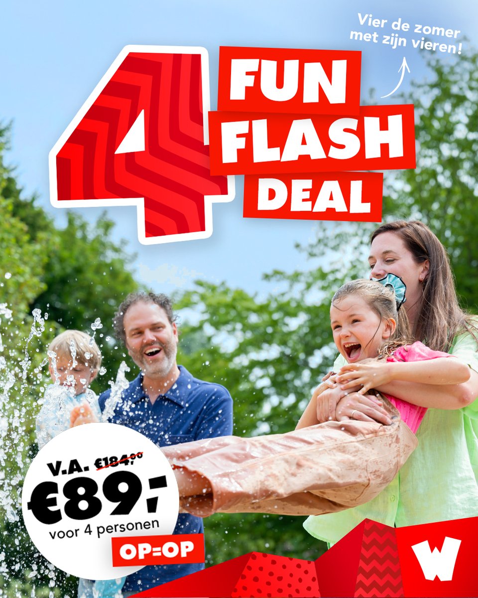 WalibiHolland's tweet photo. 4 FUN FLASH DEAL ☀️
Nu 4 tickets vanaf €89,- (i.p.v. €184,-) 🎢
OP=OP dus wacht niet te lang… eerder bestellen = meer voordeel 🔥
Meer informatie en tickets: https://t.co/c0MI2NJISg 🤩
#walibiholland #deal #korting #pretpark #dagjeuit https://t.co/huxlZNaclA