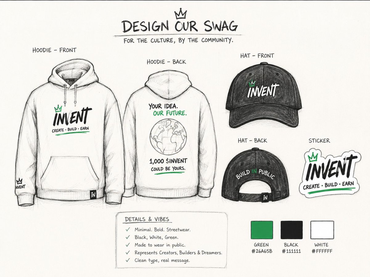AlphaNexusWeb3's tweet photo. My merch concept for @inventmoneyapp focuses on wearable minimal streetwear instead of typical corporate merch.
I designed a clean hoodie, cap, and sticker using black, white, and green tones to match the Invent identity while keeping it stylish enough to wear daily in public.

The front hoodie design keeps the branding bold and simple with the “INVENT” logo and the message “Create • Build • Earn.”
The back design represents creators shaping the future together with a global-inspired graphic and community-focused message.

The cap design follows the same minimal aesthetic, while the sticker version is made for laptops, bottles, and creator setups.

The whole concept is built around creators, builders, and internet culture — something that feels modern, wearable, and actually worth showing off.