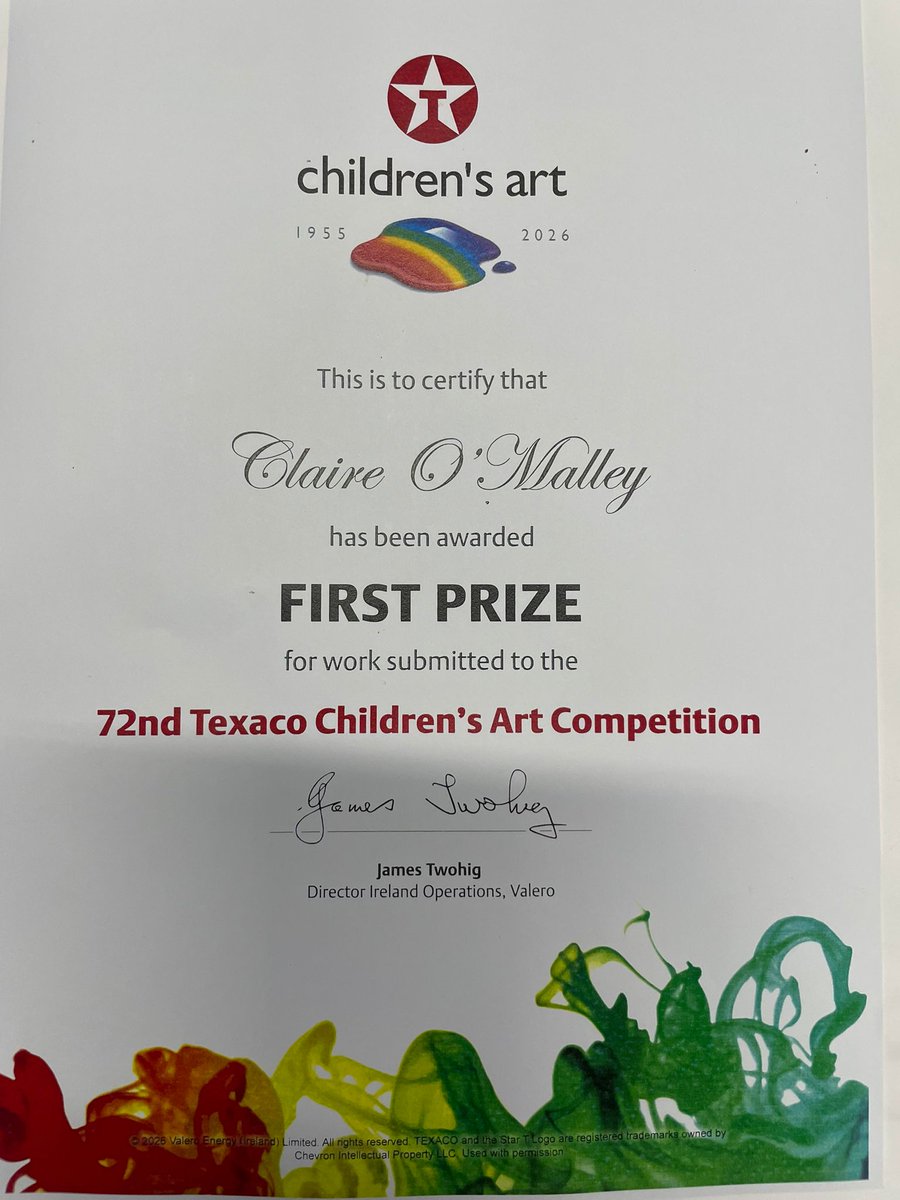 cmca_limerick's tweet photo. 🎨🏆 Massive congratulations to Claire O’Malley on receiving her First Prize at the Texaco Children’s Art Competition yesterday! 🌟👏🏻
Claire’s incredible winning artwork has also been selected to be exhibited later this year in Japan 🇯🇵🖼️✨ We are so proud of you Claire🎉👏🏻🌍 https://t.co/3Mpe1DeCbh
