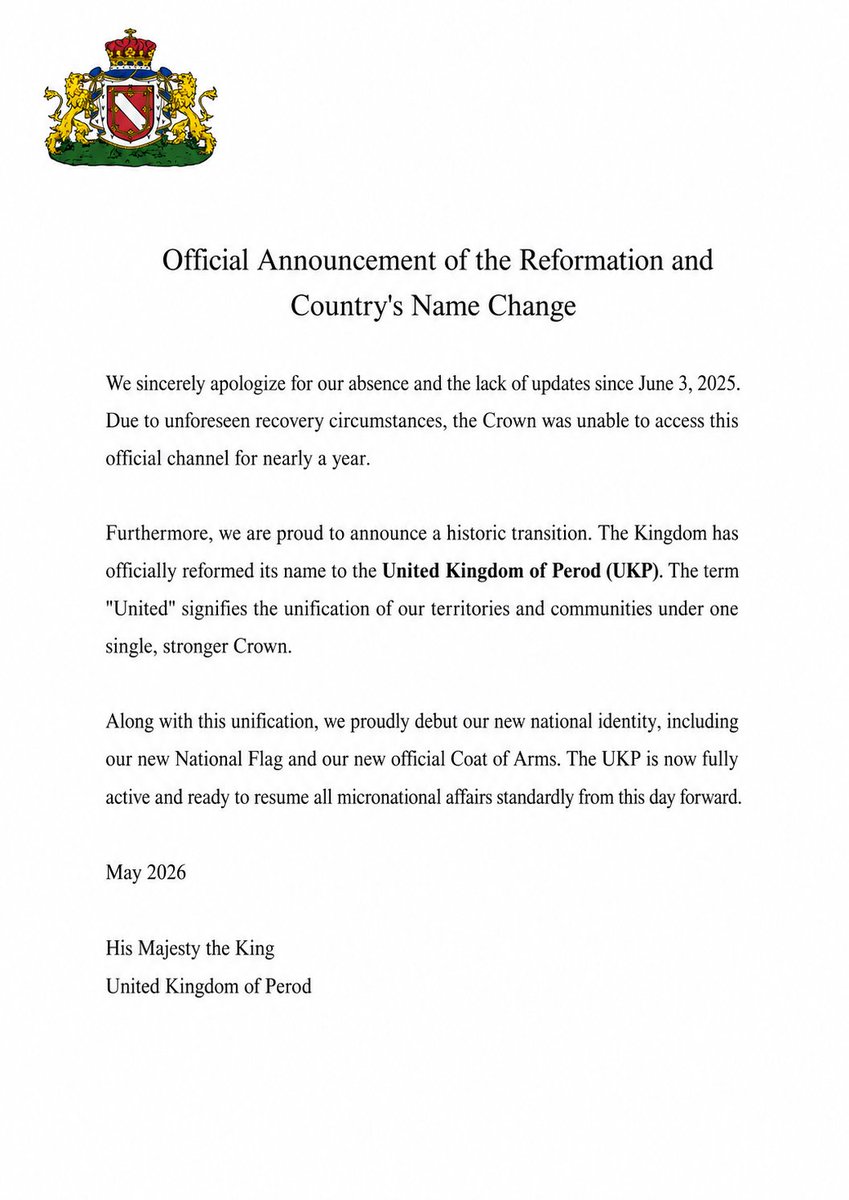 UKPMI2's tweet photo. Official Declaration from the Throne 👑
2nd Image: Our New National Flag
3rd Image: Official Announcement Paper (with our New Coat of Arms)
#micronations #MiUKP #Perod #Micronation https://t.co/DIfzxpvhnq