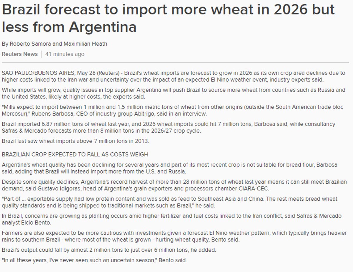 kannbwx's tweet photo. 🇧🇷Brazilian wheat imports could reach a 13-year high this year as high energy/fertilizer costs plus weather uncertainties may curb output.

Brazil normally gets most of its wheat from Argentina, though quality issues there might require a top-off from the U.S. or Russia. https://t.co/RNsx75Lq51