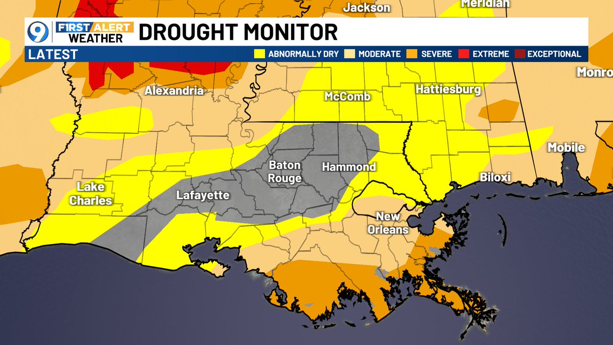 JaredWAFB's tweet photo. NOW FOR THE GOOD NEWS...The drought monitor update today shows huge signs of improvement!  The red area that used to be between New Orleans and the coast is gone!  At least something good comes from the dreary weather. https://t.co/4iBd5nVLQN