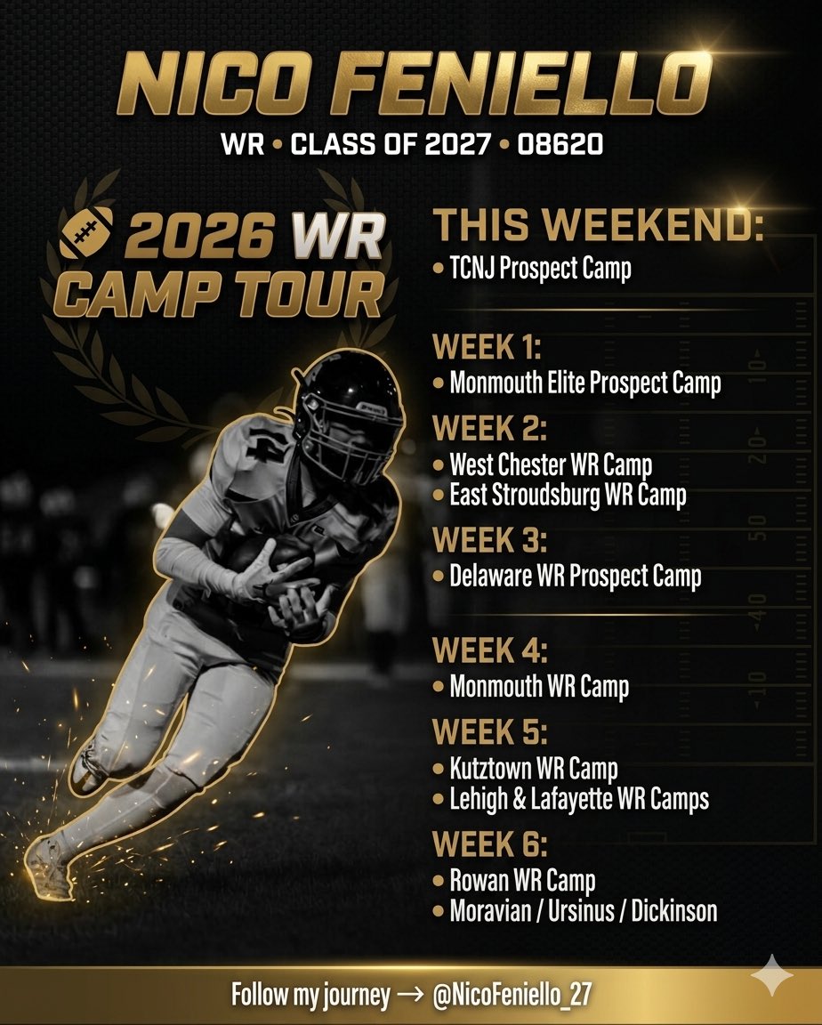 NicoFeniello_27's tweet photo. Nico Feniello WR | c/o 2027

Locked in for summer… hitting these camps! 
#NJWR #ClassOf2027 #Recruiting

@Steinert_FB @ThaddRichards @HSSportsNJ @hs_mercer @TCNJfootball https://t.co/M3wMAcB5am
