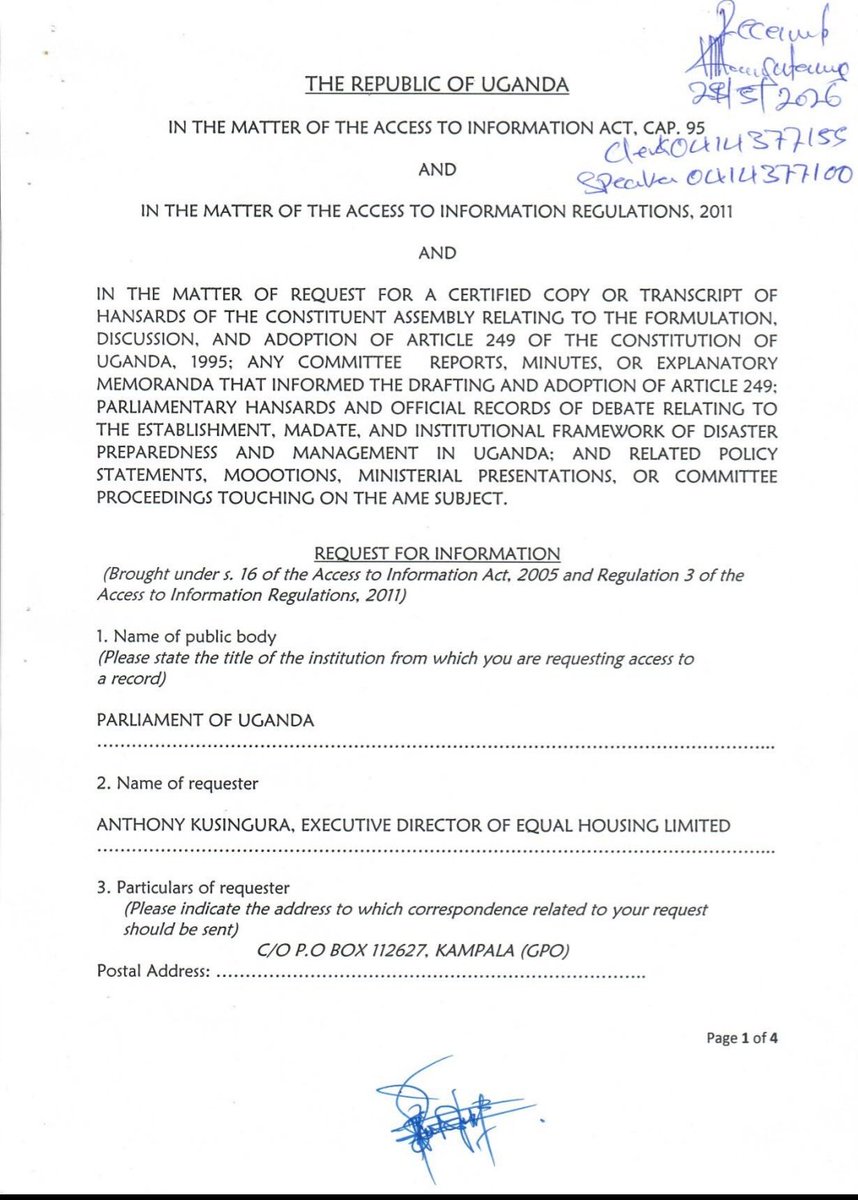 equal_housing's tweet photo. Today, while copying in the Speaker of Parliament of Uganda, we have requested the Clerk to Parliament if Uganda to furnish us with Certified copies of the Constituent Assembly and Parliament of Uganda Hansards since 1995 relating to Article 249 of the Constitution of the Republic of Uganda that establishes the Disaster Preparedness and Management Commission for Uganda.

It is our humble view that once provided, such hansards shall enlighten us on the intent of the framers of the Constitution at the time and the current status of its establishment at the moment.