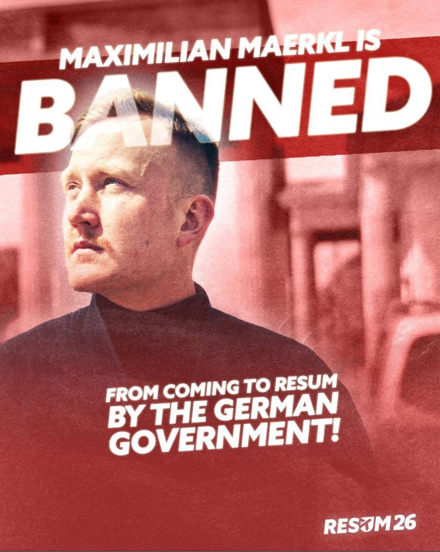 MarioNawfal's tweet photo. 🇩🇪🇵🇹 A German nationalist activist was just banned from leaving the country.

His crime? Planning to attend a conference.

Maximilian Märkl, spokesperson for the Identitäre Bewegung, was heading to Porto for the Remigration Summit 2026.

Authorities claim his attendance could fuel the growth of European identitarianism… so they aren’t letting him go.

When governments push unpopular policies like mass migration, they have two choices:

1. Change the policy.
2. ⁠Silence the people complaining the loudest.

Most of Europe is choosing option two, and it’s an utter disgrace…

Source: @europa, @max_maerkl, @RESUM26